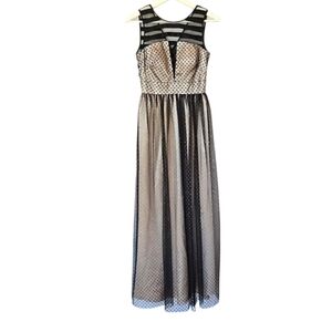 Black Mesh & Cream Maxi Dress with Elegant Gold Polka Dots, XS